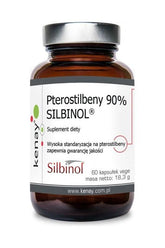Kenay Pterostilbene 90% Silbinol supplement in a glass bottle, 60 vegetarian capsules, health benefits.